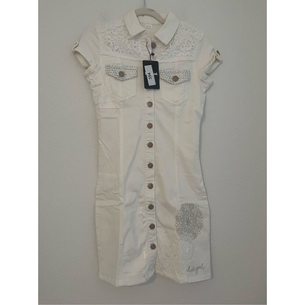 Desigual White Embroidered and Lace Detail Shirt Dress NEW